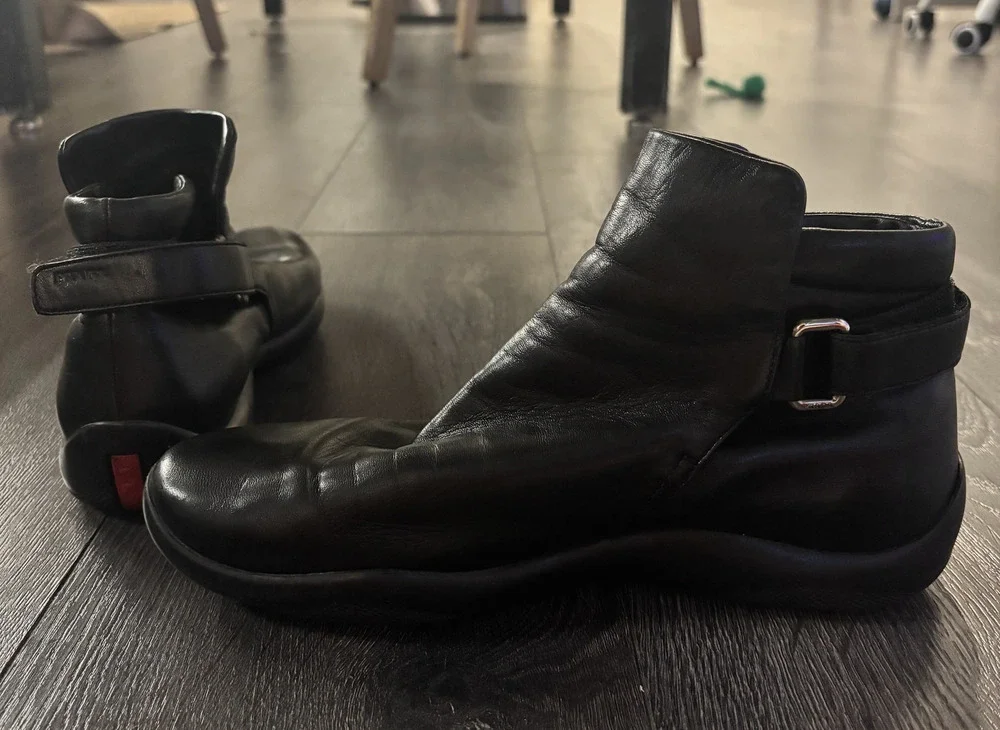 Prada Linea Rossa Black Leather Ankle Boots with Buckle Strap